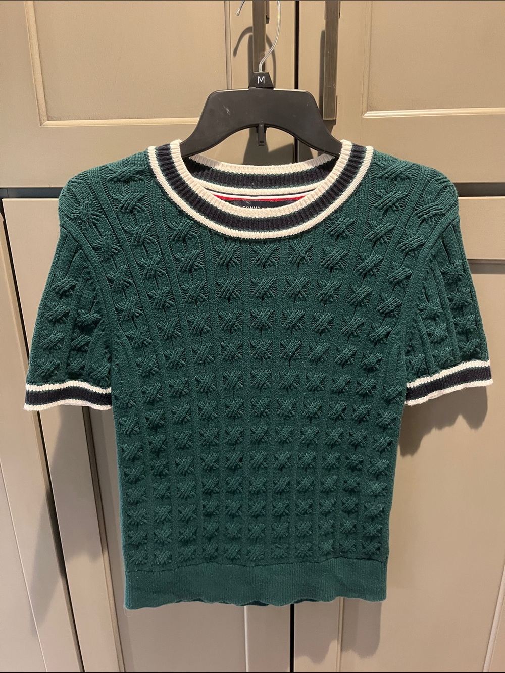 Green Knit Short-Sleeve Sweater with Striped Collar